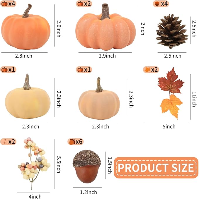 22 PCS Pumpkin Decor - Fall Decorations Plastic Pumpkins for Autumn Decorating Kit Halloween Thanksgiving Party Supplies