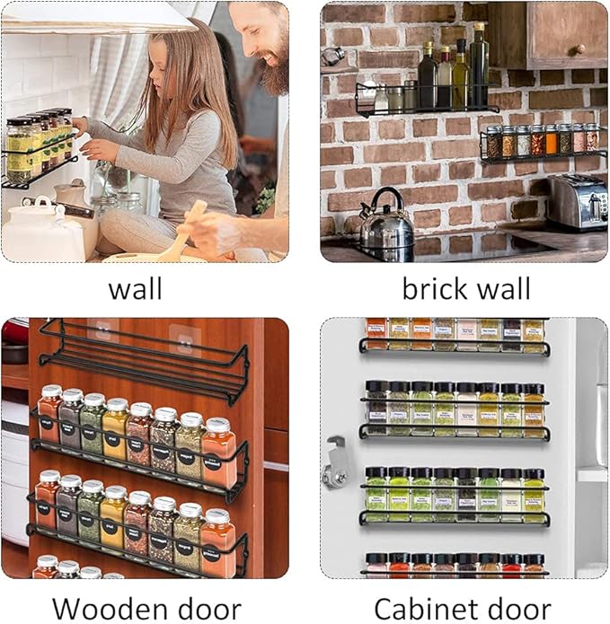 Spice Rack Organiser Hanging Spice Shelves Carbon Steel Wall Mount Spice Rack Kitchen Storage Racks Storage Spices and Condiments Spice Jars for Kitchen Cabinet Cupboard Pantry Door (4)