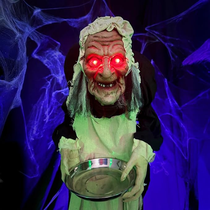 Haunted Hill Farm Life-Size Halloween Animatronic, Scary Talking Zombie Maid with Touch Activated Lights and Sounds, Battery Operated Indoor or Covered Outdoor Halloween Decorations for Home