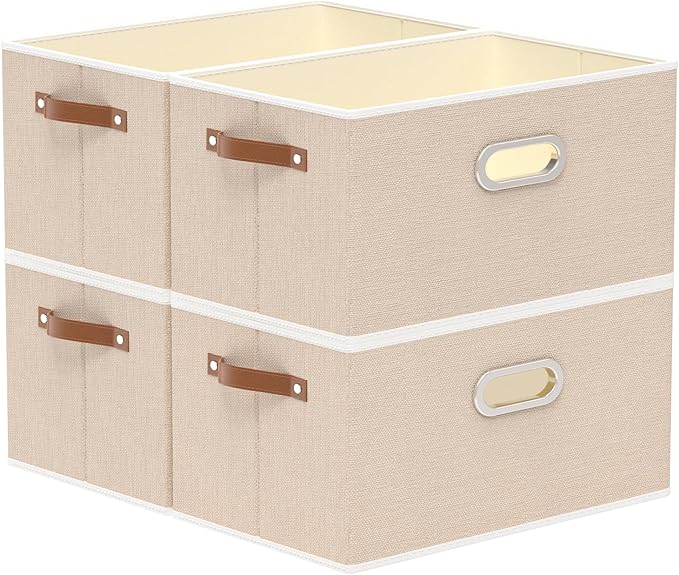Yawinhe Collapsible Storage Box, Cube Storage Basket, Fabric Foldable Storage Bins Organizer Containers with Dual Leather Handles for Home Bedroom Closet Office,15.0 x 9.8 x 8.3 Inch, (Beige, 4-Pack)