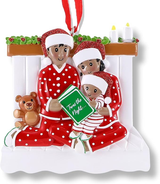 3D African American Pajama Family of 3 Christmas Ornament 2025 Personalized Family Christmas Ornaments 2025 | Black Reading a Book Personalized Tree Ornaments in Red Pajama of Three Ornament Gifts