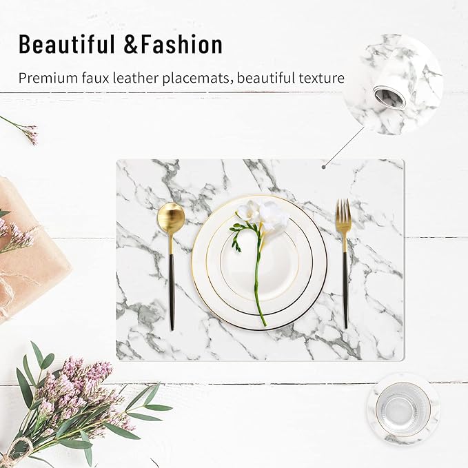 Faux Leather Placemats Set of 6,Heat Resistant Placemats for Dining Table, Easy Clean Non-Slip Place Mats, Waterproof Stain Resistant Wipeable Washable PU Table Mats, (Marble)