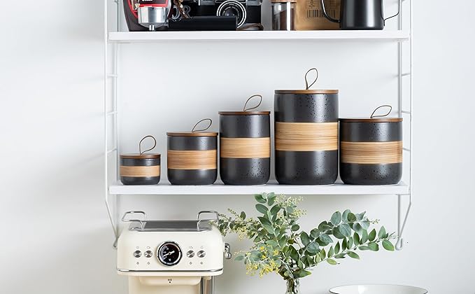 Small Ceramic Jar with Lid, Coffee Container Kitchen Food Storage Jars for Spice Sugar Tea Bag Matcha Container Airtight, Stacairtightkable Decorative Jars for Countertop, Black & 5oz