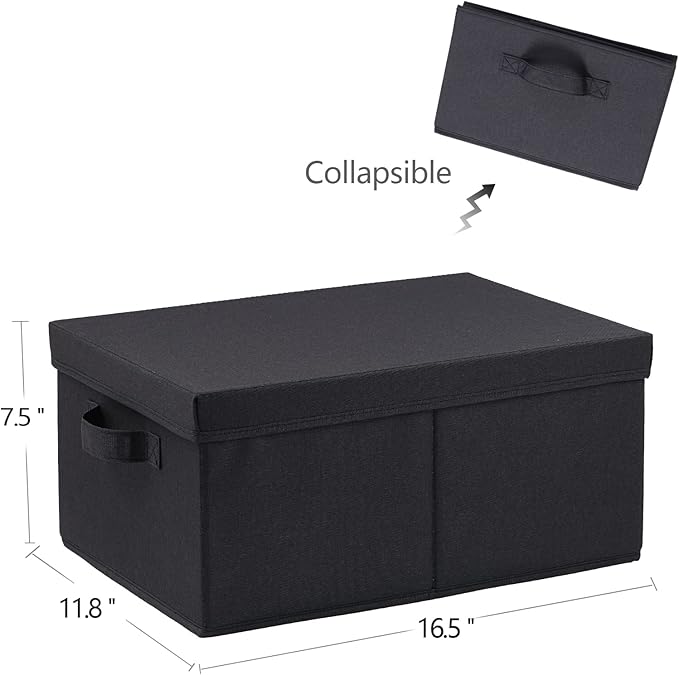 HOONEX Storage Bins with Lids for Organizing, Pack of 2, Storage Boxes with 2 Carrying Handles and Sturdy Heavy Cardboard, 16.5" L x 11.8" W x 7.5" H for Shoes, Books, Clothes, Black