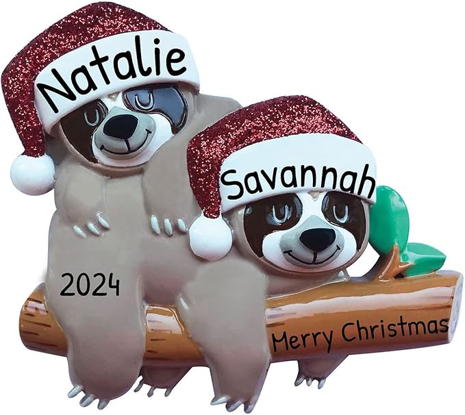 3D Personalized Our First Christmas Ornament 2025 Sloth Couple Ornaments in Santa Hats Couples Ornament 2025 Family of 2 Sloth on Log Xmas for a Couple Ornaments Couples Unique Gifts