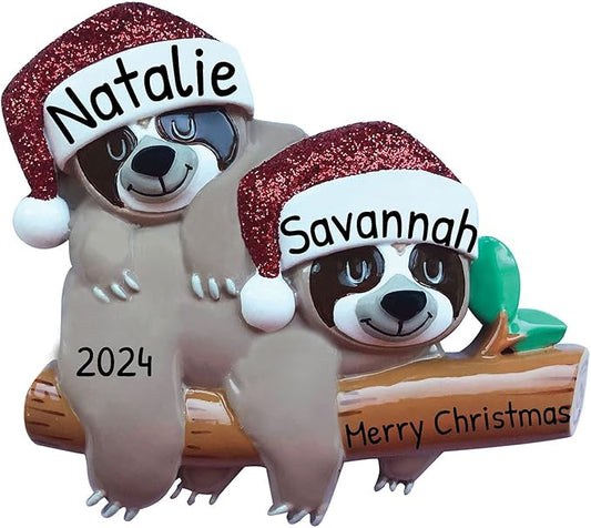 3D Personalized Our First Christmas Ornament 2025 Sloth Couple Ornaments in Santa Hats Couples Ornament 2025 Family of 2 Sloth on Log Xmas for a Couple Ornaments Couples Unique Gifts