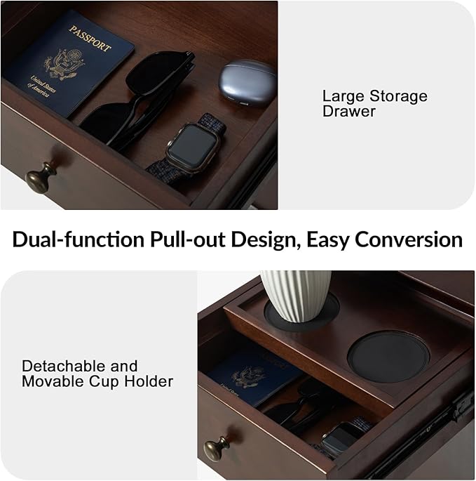 HULALA HOME End Table with Drawer and Charging Station, Modern End Table with USB Ports and Outlets, Wooden Side Table with Storage-Walnut