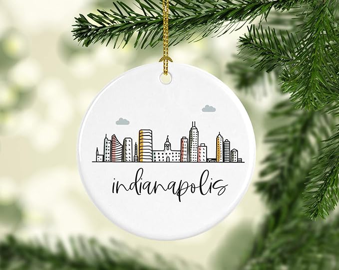 Andaz Press Round Ceramic Porcelain Christmas Tree Ornament Keepsake Gift, Indianapolis, Colorful City Skyline Graphic, 1-Pack, Birthday Ideas Family Coworker Him Her, Includes Gift Box