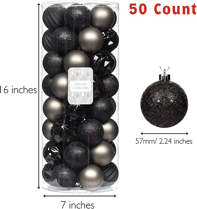 Every Day is Christmas Ornaments, Shatterproof Christmas Tree Ornament Set, Christmas Balls Decoration 50 Count (2.24"/57mm, Black Grey)
