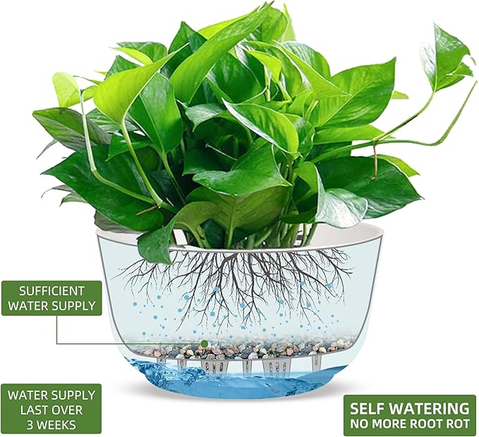 Dexceder 9.8 Inch Self Watering Hanging Planters Indoor Outdoor, Thickened Hanging Basket Flower Plant Pot (2 Pack, White)