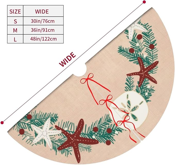 48" Large Christmas Tree Skirt, Coastal Rustic Beach Christmas Holiday Starfish Pattern Tree Mat Base Cover for Xmas Festive Holiday Party Decoration Ornaments