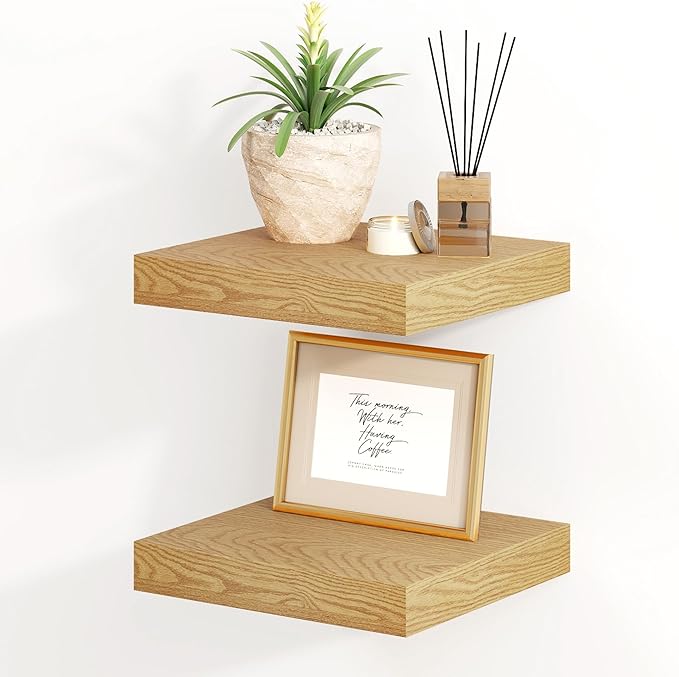 Fun Memories Floating Shelves, 8 Inch Deep Floating Shelves for Wall, 8 x 8 Wall Shelves, Rustic Wood Floating Shelf for Living Room, Bedroom, Bathroom, Oak Color, Set of 2