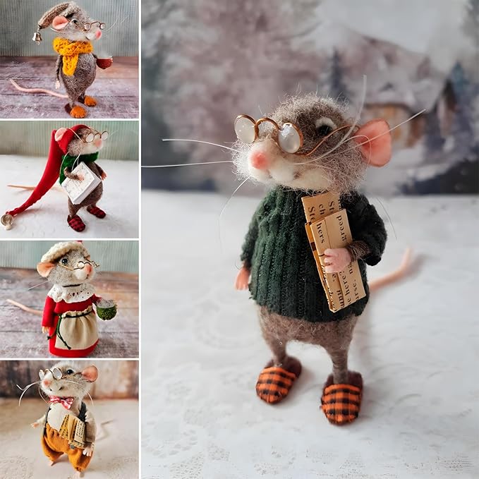 Felted Mouse, Cute Miniature Dollhouse Felt Mouse Ornament, Felt Wool Mice Figurine for Holiday Decor, Needle Felted Mouse Doll Decorations Festival Statue (Mrs. Claus)