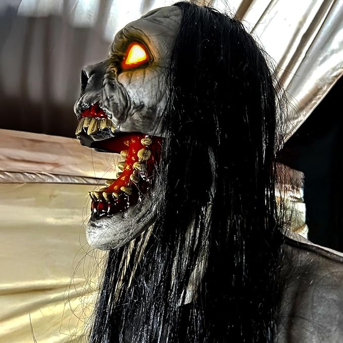 Haunted Hill Farm 5.9 ft. Animatronic Lurching Woman by Tekky, Halloween Animatronic, Scary Indoor House Prop & Decoration, Creepy Occult Horror Decor with Motion-Activated Lights & Sound, Life-Size
