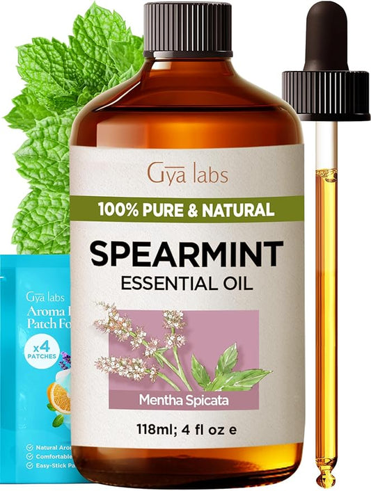 Gya Labs Spearmint Essential Oil for Facial Hair - Huge 4 Fl Oz - 100% Pure Natural Spearmint Oil for Diffuser, Skin, Massage, Aromatherapy & Candle Making Scent