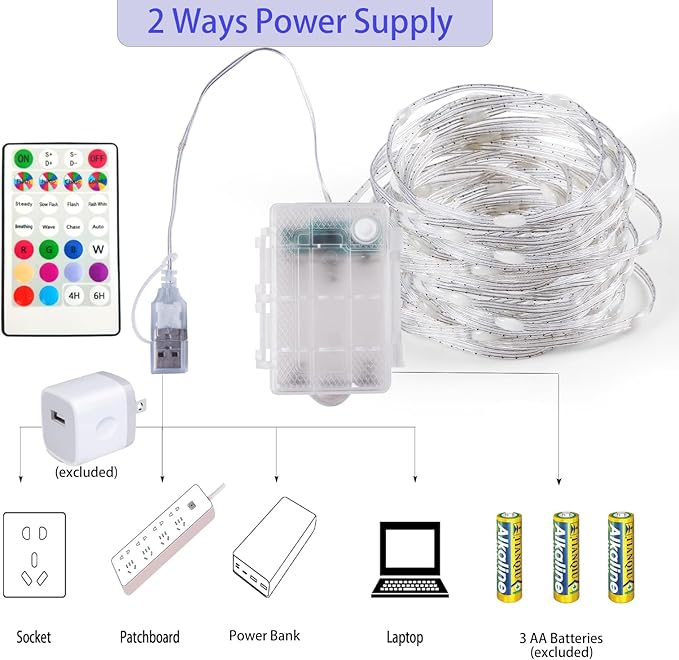 Fairy Lights Battery Operated Color Changing String Lights with Remote, 16.4FT 2 Pack Twinkle Lights USB Plug or Battery Powered, Outdoor Christmas Decorations for Bedroom Wedding Party Indoor