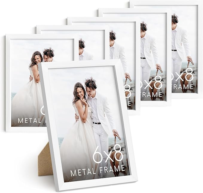 HAUS AND HUES 6x8 White Metal Picture Frames - Photo Frames 6x8 - Features Premium Aluminum, Vertical Hanging, Easel Back for Tabletop, Home, Office (6x8 in, White, Set of 6)