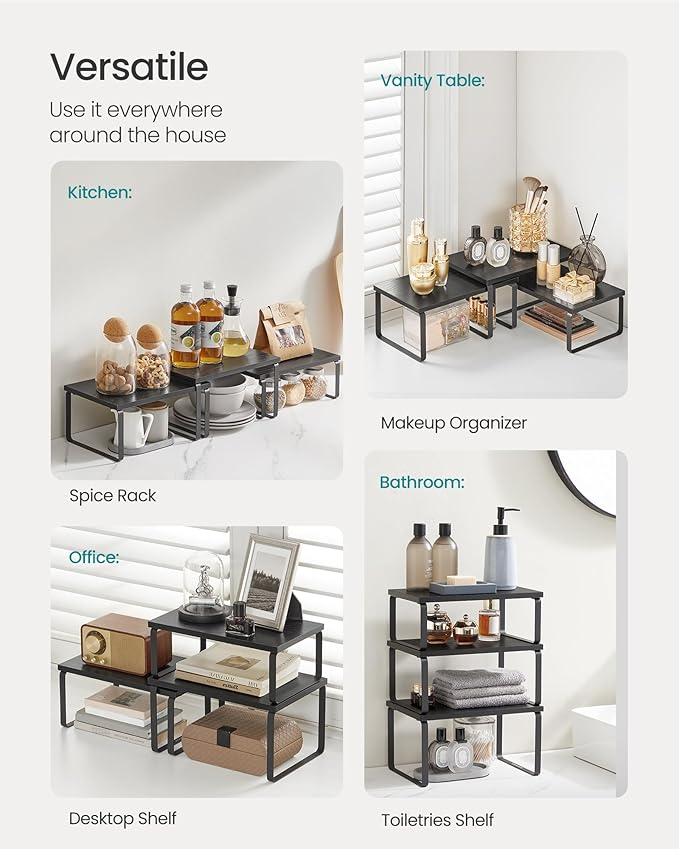 SONGMICS Cabinet Organizer Shelf, Set of 3 Kitchen Counter Shelves, Kitchen Storage, Spice Rack, Stackable, Expandable, Anthracite Gray and Matte Black UKCS220B01