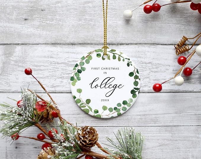 Andaz Press Custom Year Round Ceramic Porcelain Christmas Tree Ornament Keepsake Collectible Gift, First Christmas in College 2025, Farmhouse Eucalyptus Wreath, 1-PackGraduation Gift Ideas
