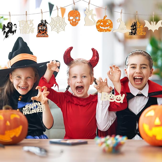 80PCS Wooden Halloween Ornaments to Paint Fall Decorations,10 Styles DIY Blank Autumn Unfinished Wood Skull Pumpkin Ghost Bat Boo Trick or Treat Halloween Cutouts Ornament for Crafts Party Hanging
