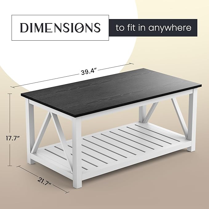 40" Farmhouse Coffee Table | Vintage Rustic Wooden Coffee Table with Lower Shelf for Living Room, Dorm, Office, Bedroom Center Table - Black