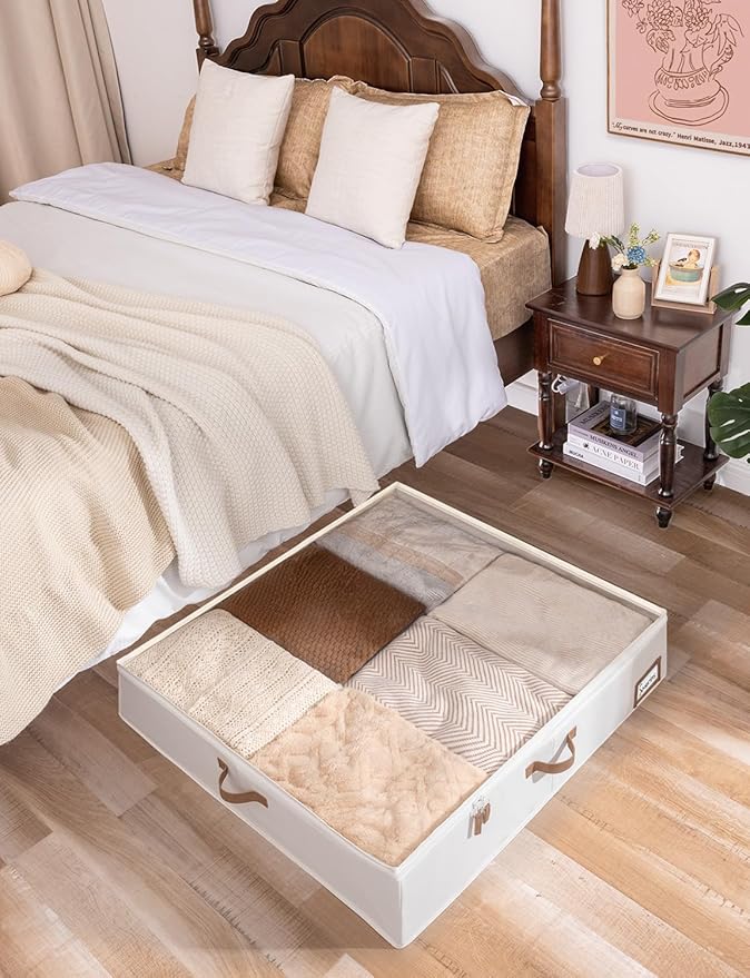 StorageWorks Underbed Storage Box, Under Bed Clothes Organizer With Sturdy Structure and Ultra Thick Fabric, Beige, 33" L x 31" W x 6 ¾ "H, 2 pack