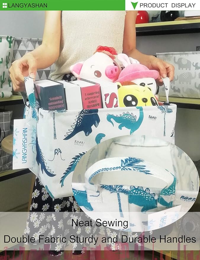 LANGYASHAN Rectangular Storage Bin Collapse Canvas Fabric Cartoon Storage Basket with Handles for Organizing Home Kitchen Boys and Girls Toys Office Closet Shelf Baskets (Rec green dinosaur)