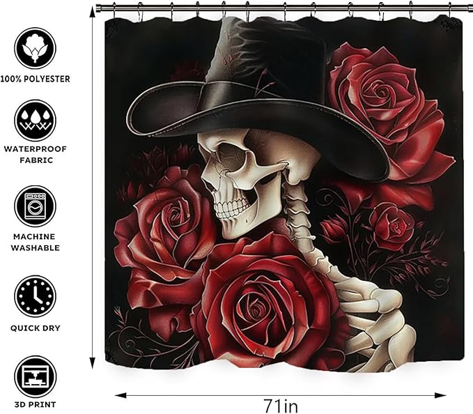 NEWSUYAA Halloween Decorations Shower Curtain Set with Non-Slip Rugs and Bath Mats,Black Skull Skeleton Bathtub Curtains with 12 Hooks,All Saints'Day (Nov 1st) Bathroom Decor
