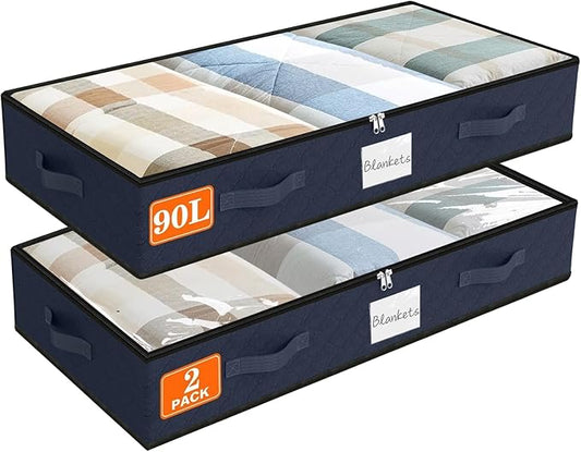 SpaceWhisper 90L Under Bed Storage Containers, 2-Pack Storage Bins with Clear Top, Foldable Closet Organizers and Storage with Label Holder for Clothing, Blankets, Comforter & Pillows(Blue)