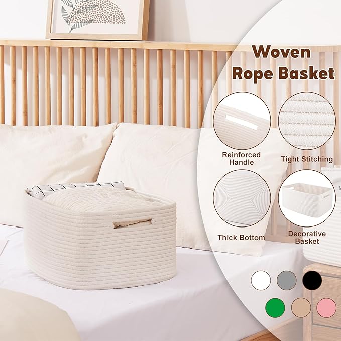 OIAHOMY Storage Basket for Shelves, Closet Cube Storage Bins Baskets for Clothes Blanket Towels, Baby Nursery, Toy Baskets Box, Woven Rope Basket, 17.72*12.99*7.87 IN, 2 Packs White