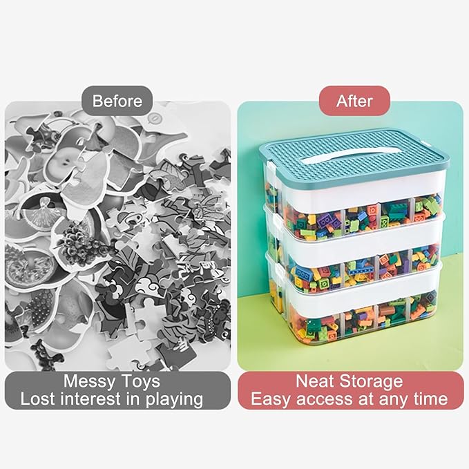 Toys Organizer Storage Case for Lego Box Kids Toy Stackable Building Blocks with Lids Bins Adjustable Lego Storage Containers Plastic Toy Box 3 Layer (Green)