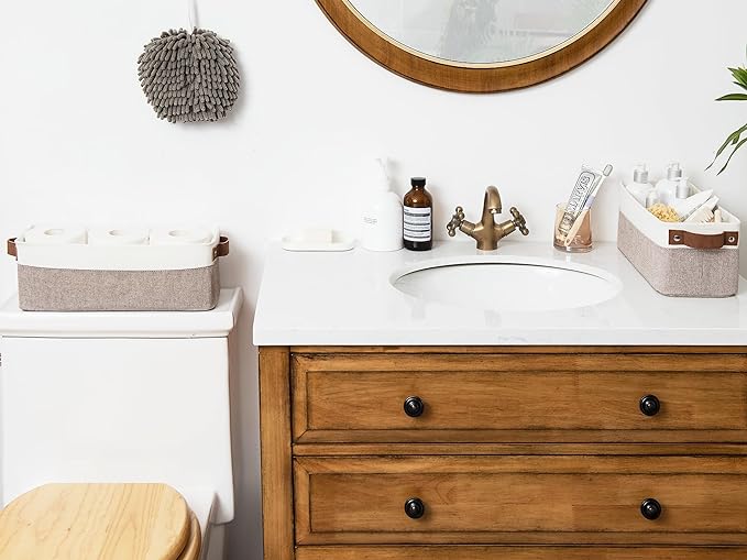 StorageWorks Narrow Storage Bins, Small Baskets for Organizing, Long Storage Basket with Handles, Fabric Storage Bins for Shelf, Brown and White, 2-Pack