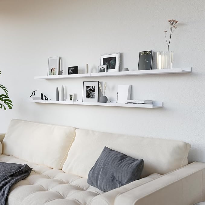 RICHER HOUSE 8 Set Floating Wall Mounted Shelves, Nursery Hanging Book Shelves with Lip for Storage, White Display Picture Ledge Shelf for Bedroom Bathroom Kitchen Living Room Wall Decor, Modern White