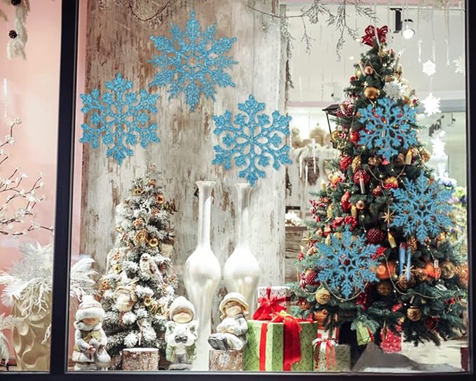 6pcs Large Snowflakes Ornaments Blue 12” Big Plastic Glitter Snowflake for Winter Indoor Outdoor Christmas Tree Window Room Decorations Giant Craft Snowflakes