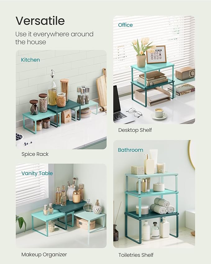 SONGMICS Cabinet Organizer Shelf, Set of 3 Kitchen Counter Shelves, Kitchen Storage, Spice Rack, Stackable, Expandable, Green UKCS220C01