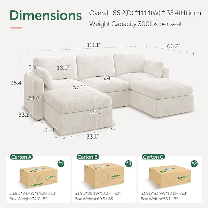 HONBAY Sectional Couch with Storage Seats, Modular Sectional Sofa with Storage Ottoman, U Shaped Sectional Couches for Living Room,Beige