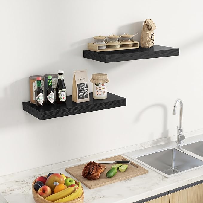 Fun Memories 24 Inch Floating Shelves Wall Mounted, 10 Inch Deep Wall Shelves, 24 x 10 Floating Shelf for Living Room Bathroom Bedroom, Black, Set of 2
