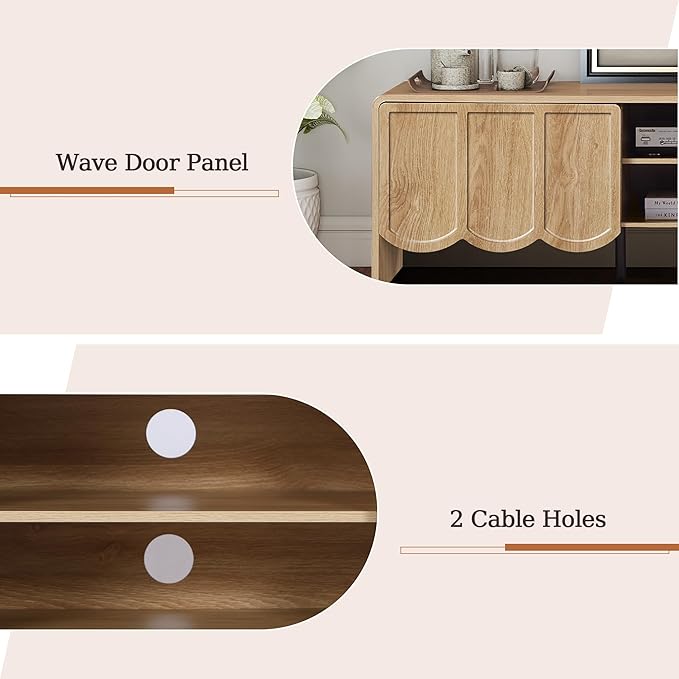 ORRD 63'' TV Stand, Modern TV Console Table Wave Panel Television Stands Entertainment Media Center with Storage Compartment and Sliding Door for Living Room (Natural)