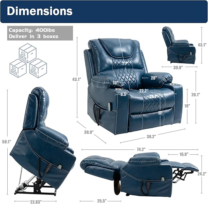 Dual Motor Power Lift Recliner Chair for Adults Elderly, Lay Flat Faux Leather Recliners with Massage Heating, Infinite Position, 2 Cup Holders, 2 Side Pockets, Up to 400LBS