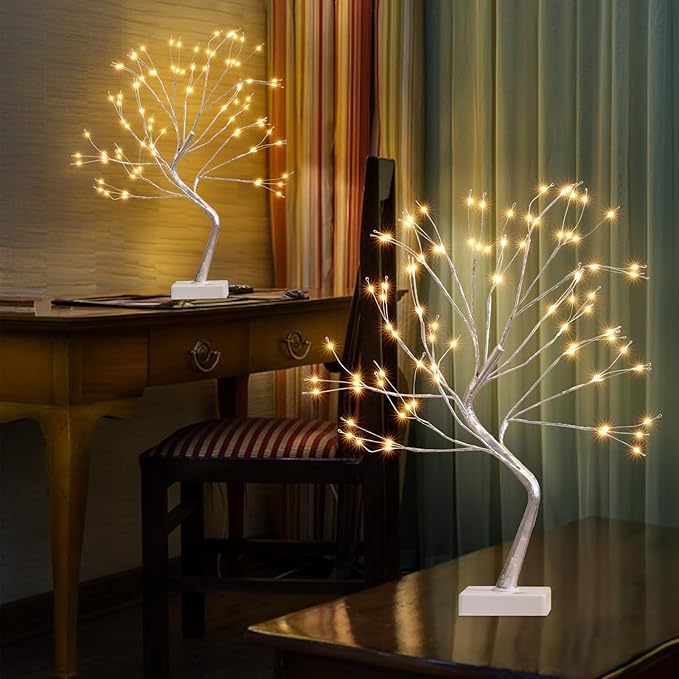 EAMBRITE Fairy Light Tree, 108 Led Light up Trees Decor Indoor, 8 Modes Fairy Light Spirit Tree for Christmas Decorations, USB& Battery Tabletop Bonsai Tree for Home Bedroom Decorations (2 PK, Sliver)