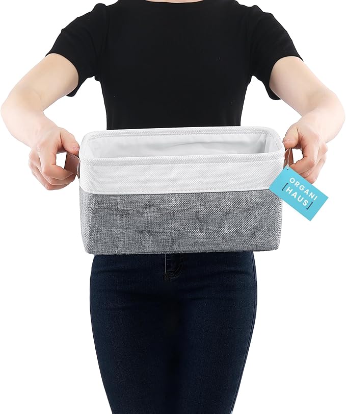 OrganiHaus Small Fabric Storage Bins for Shelves 3 Pack, 12x8in Closet Storage Bins for Shelves, Cloth Baskets for Organizing, Linen Closet Organizers, Fabric Basket, Shelf Organizer Bins Gray/White