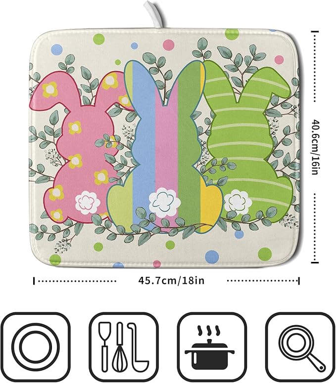 Easter Dish Drying Mat for Kitchen Counter Cute Bunny Rabbit Festival Seasonal Absorbent Reversible Microfiber Kitchen Countertop Protector Dishes Pad Large 16x18 inch