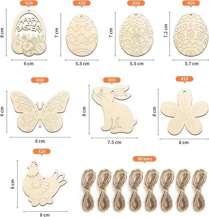 80PCS Wooden Easter Ornaments to Paint, 8 Styles DIY Blank Unfinished Wood Cutouts Ornament for Crafts Hanging Decorations, Egg Rabbit Bunny Butterfly Flower Hen Happy Easter
