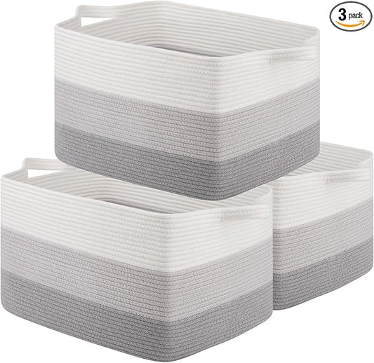 OIAHOMY Rectangle Woven Storage Basket - Nursery Cotton Rope Baskets for Storage, Toy Basket Organizing for Living Room, 17.7"x13.8"x11"- Pack of 3 - Gradient Gray