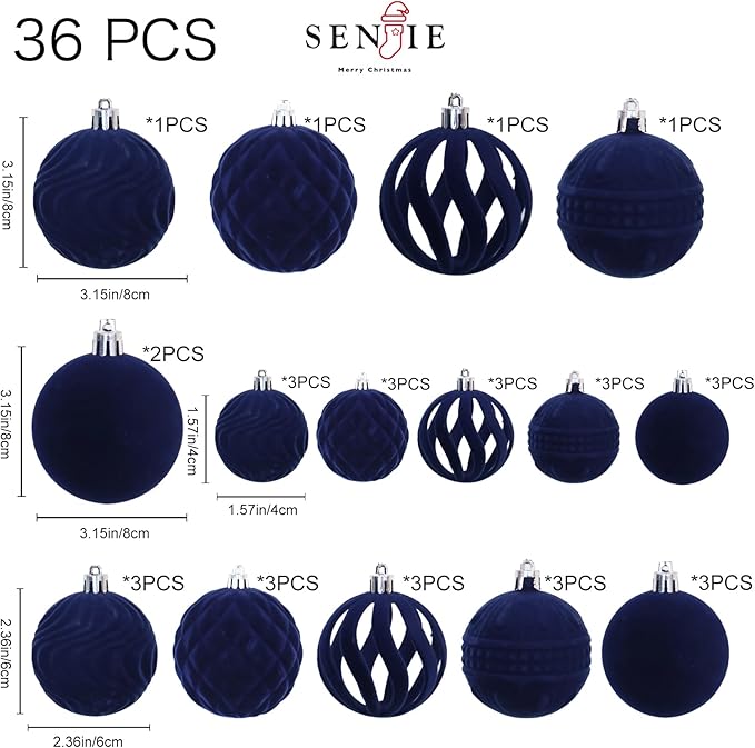 36pcs Velvet Christmas Ornaments, Flocked Christmas Balls Sets Assortment for Christmas Tree Holiday Decor