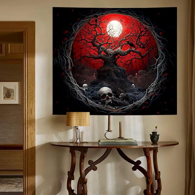Atrippy Halloween Black Red Anime Tapestry, Gothic Dark Forest Moon Wall Hanging, Nature Skull Withered Tree Landscape Tapestries for Bedroom Living Room Men Dorm 51x 60 Inches