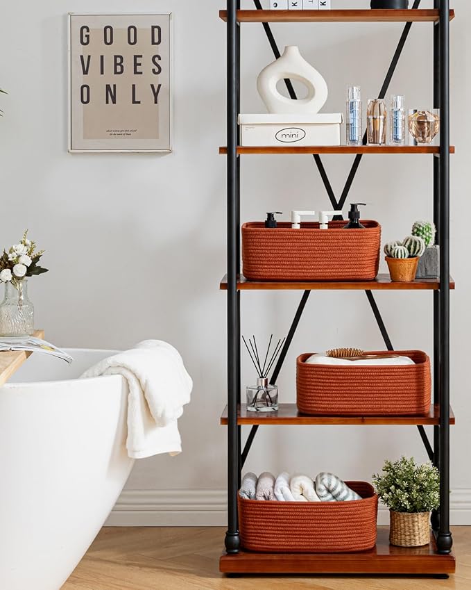 KALLAX Small Woven Basket, 13.5 x 9.5 x 5 Inches, Storage Basket for Organizing, Cute Small Rope Shelf Closet Cube Storage Bins Baskets for Shelves, Dog Toy Gift Baskets Empty, 3 Pack Rust Red