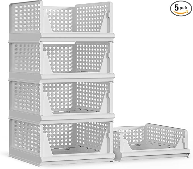 5 Pack Stackable Plastic Storage Basket Closet Organizer Bin Foldable Clothes Organizer Storage Drawer Shelf Container for Living room Bathroom Kitchen Office (4L+1S)