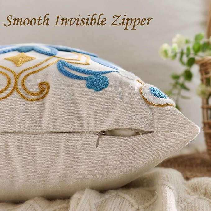 Embroidered Throw Pillow Cover 18x18 Classic Boho Floral Pattern Pillows Cover Outdoor Decorative Pillowcase,Durable Cozy Textured Cushion Case for Sofa Couch Bed Living Room,Teal