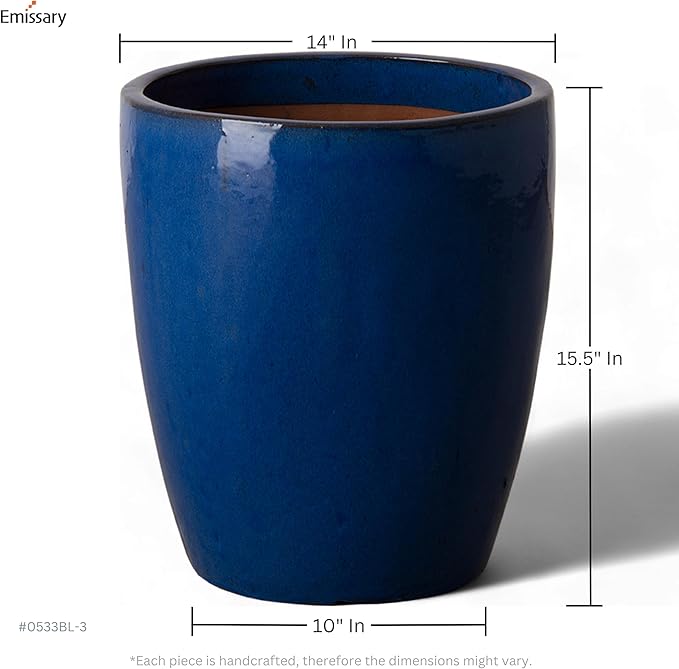 Emissary Bullet 14 in. Blue Ceramic Round Planter (14 in. L x 14 in. W x 15.5 in. H) with Drainage Hole
